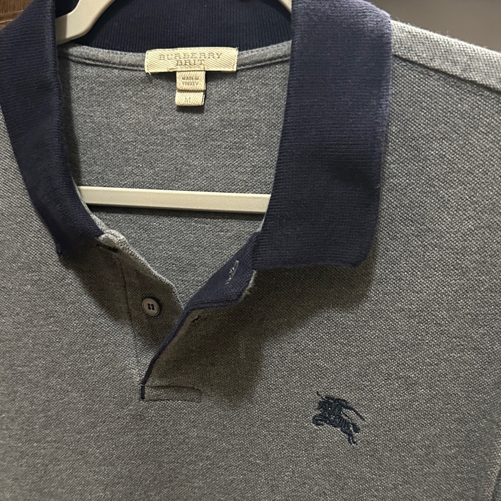 Burberry Gray Polo w/ Navy Blue Collar & Orange Trim - Men’s Sz Medium